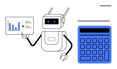 Robot hesap makinesinin yanında veri tablosu tutuyor, finansal analizdeki otomasyonu sembolize ediyor. Finans, teknoloji, yapay zeka, muhasebe, işletme yönetimi, analitik yenilik için ideal. Düz basit