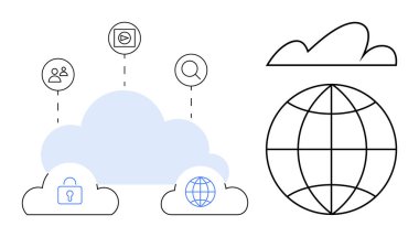 Güvenlik simgeleri olan merkez bulut, küresel erişim, kullanıcılar ve noktalı çizgiler ile bağlanan akış. Teknoloji, bağlantı, küresel erişim, İnternet hizmetleri, veri paylaşımı için ideal