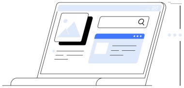 Arama çubuğu, resim önizlemesi ve ekranda gösterilen web sekmeleri ile dizüstü bilgisayar arayüzü. Tarayış, araştırma, teknoloji, UIUX, online öğrenme web tasarımı yeniliği için idealdir. Düz basit metafor