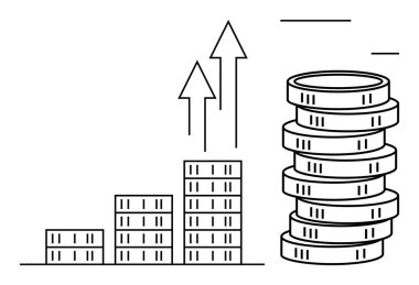 Bozuk para yığınları yukarı doğru yükselen oklar, finansal büyümeyi, başarıyı ve yatırımı simgeliyor. Finans, kâr, büyüme, başarı ekonomisi tasarruf temaları için idealdir. Düz basit