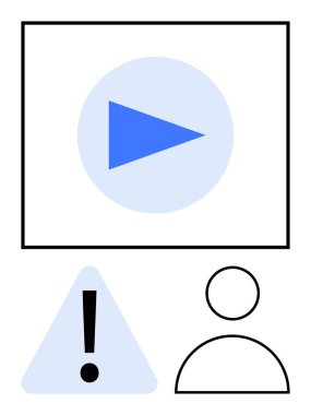 Mavi çalma düğmesi, alarm üçgeni ve kullanıcı figürünün yanında görünüm dikdörtgeninin içinde. Medya denetimi için ideal, içerik uyarıları, bildirimler, güvenlik, kullanıcı arayüzü, video kılavuzları, düz basit