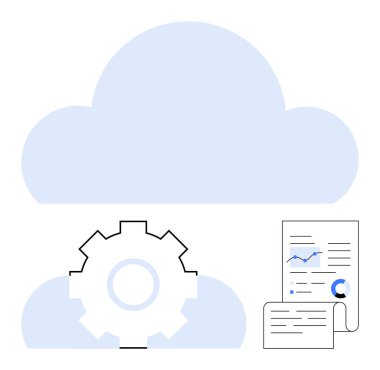 Bulut hesaplamasını sembolize eden büyük bir bulut ve veri tablolarını içeren belgelerle otomasyon. Teknoloji, veri depolama, bulut hesaplama, otomasyon, analitik, iş akışı, gelecek için ideal