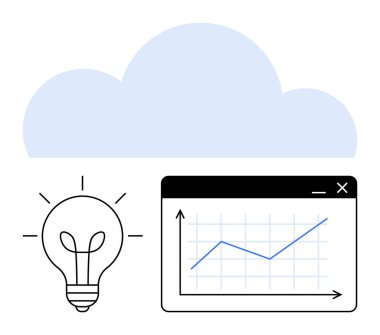 Yaratıcılık için ampul, büyüme takibi için dijital ekranda veri grafiği ve dijital depolama için bulut. Teknoloji, yenilik, strateji, iş dünyası, bulut hesaplama analitik gelişimi için idealdir. Düz