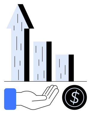Yukarı ok ve çubuk grafiği büyümeyi gösterir, el yatırımı gösterir, dolar işareti ise finansal yönü. Yatırım, finans, iş, tasarruf, kâr analizi ve ekonomik başarı için ideal