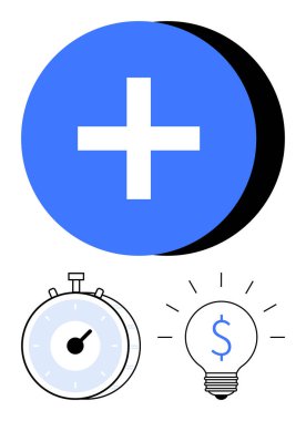 Mavi artı işareti, katma değeri simgeliyor. Zaman yönetimi için kronometre ve maddi yaratıcılığı gösteren dolarlı ampul. İş için ideal, büyüme, üretkenlik, yenilik, zaman, değer