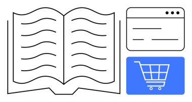 Dalgalı çizgileri olan açık bir kitap, minimal planlı tarayıcı arayüzü ve mavi bir alışveriş arabası. E-ticaret, eğitim, çevrimiçi alışveriş, yayıncılık, dijital kaynaklar ve pazarlama için ideal. Düz