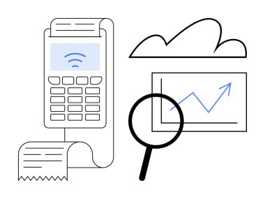 Fatura, bulut simgesi ve büyüteçle analiz edilen veri tablosu ile kablosuz sinyal gönderen ödeme terminali. E-ticaret, finans, veri analizi, bulut hesaplama, fintech, dijital için ideal