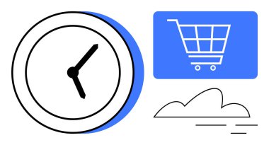 Cesur elli saat, alışveriş arabası ikonu ve biçimlendirilmiş bulut şekli verimliliği, zamanı ve online alışverişi akla getiriyor. E-ticaret, takvim, lojistik, verimlilik dağıtım zamanı yönetimi için ideal