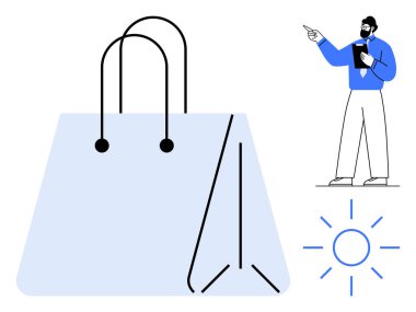 Büyük bir alışveriş çantası, kendine güvenen bir adamla eşleştirilmiş. Parlayan güneş motifi de dahil. Perakende, rehberlik, karar verme, alışveriş, liderlik, motivasyon, e-ticaret dairesi için ideal