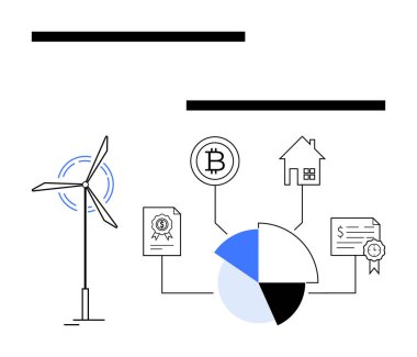 Bitcoin, konut, sertifika ve finansal şemaya bağlı rüzgar türbini. Sürdürülebilirlik için ideal, yenilenebilir enerji, finans, engelleme konut verileri görselleştirme teknolojisi. Düz basit