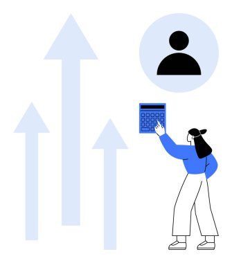 Yukarıya bakan oklar ve kullanıcı simgesi ile birlikte hesap makinesi tutan kadın, kişisel ya da profesyonel büyümeyi simgeliyor. Başarı, ilerleme, finans, strateji, kariyer, analitik, düz metafor için ideal