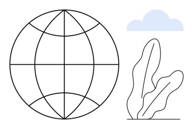 Şebeke çizgileri, yapraklı bitki ve bulutlar temiz bir minimalist tasarım oluşturur. Sürdürülebilirlik, ekoloji, iklim, küreselleşme, seyahat inovasyon eğitimi için idealdir. Düz basit metafor