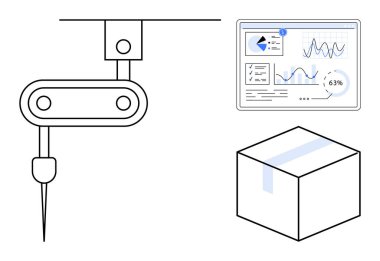 Robot kol montajı ürünü, kontrol paneli performans ölçümleri, mühürlü kutu beklemede. Otomasyon, teknoloji, verimlilik, yenilik, üretim, optimizasyon için ideal basit