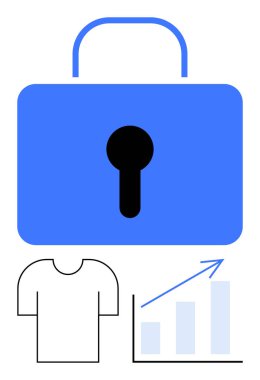 Anahtar delikli mavi asma kilit, yukarı doğru oklu minimal çizelge ve kıyafet çizgisi. Güvenlik, büyüme, veri koruması, yenilik, iş mahremiyeti ve giyim eğilimleri için ideal. Düz basit metafor