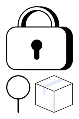 Büyük asma kilit, yuvarlak büyüteç ve kapalı kutu veri koruması, gizlilik, soruşturma, depolama, şifreleme, lojistik ve teslimatı sembolize ediyor. Güvenlik analiz teknolojisi için ideal.