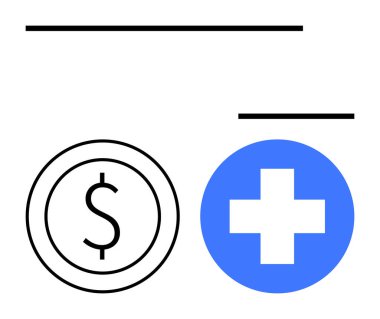 Madeni paranın içindeki dolar sembolü, sağlık hizmetleri için maddi destek sağlayan mavi çemberdeki sağlık haçının yanında. Finans, sigorta, tıbbi finansman, hayır kurumu, halk sağlığı, hastane için ideal