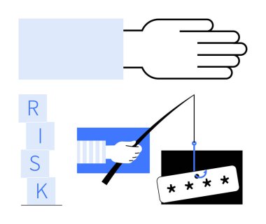 Düz tasarım görseller arasında şifre, risk yığını ve koruyucu el içeren filtreleme kancası vardır. Teknoloji, siber güvenlik, veri koruması, hack önleme, bilişim farkındalığı, çevrimiçi güvenlik için ideal