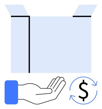 Oklarla çevrili açık el ve dolar işaretinin üstündeki kutuyu aç. Hayırseverlik, bağış, e-ticaret, getiriler, finans, yuvarlak ekonomi, takas için ideal. Düz basit metafor