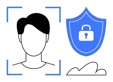 Güvenlik kalkanı ve bulut elementinin yanındaki tarama çerçevesi içindeki kişi. Gizlilik, biyometrik teknoloji, bulut güvenliği, veri koruması, siber güvenlik, kullanıcı doğrulaması için ideal