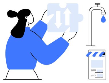Yapboz parçasıyla meşgul olan bir kadın, koordine olmayı sembolize eden oklar, damlayan bir musluk ve çevrimiçi bir mağaza arayüzü yakınında. Takım çalışması, sürdürülebilirlik ve dijital bütünleşme için ideal