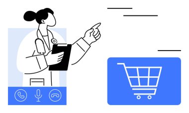 Bir alışveriş arabası ikonunu işaret eden tıp uzmanları ellerinde bir pano, iletişim simgeleriyle çevrili. Teletıp, e-ticaret, sağlık erişilebilirliği, dijital çözümler, uzaktan kumanda için ideal