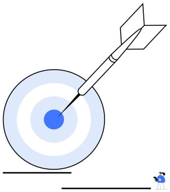 Dart, bir kişinin gözlemiyle hedefin merkezine vuruyor. Başarı, başarı, hedef belirleme, hassasiyet, odaklanma, planlama, karar verme için ideal. Temiz düz basit metafor