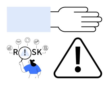 Dikkat gösteren el, RISK 'i büyüteçle inceleyen kişi, alarm üçgeni sembolü. Güvenlik, karar verme, analiz, risk yönetimi, tehlike uyarıları, soyut finans hattı için ideal