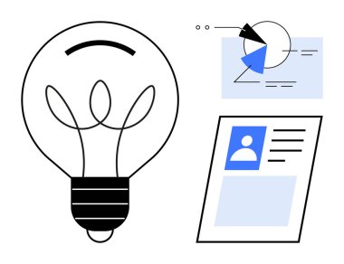 Fikirleri sembolize eden ampul, analitik görüntüleme grafiği ve kişisel verileri vurgulayan profil kartı. Yenilik, yaratıcılık, analitik, veri yorumlaması, kimlik temsili için ideal