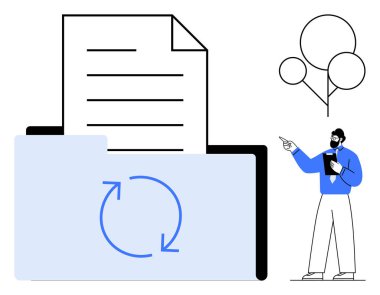 İçinde eşzamanlama simgesi olan bir dosya bulunan klasörü aç, elementleri gösteren kişi, konuşma baloncukları. Bulut depolama, iletişim, takım çalışması, veri paylaşımı, işbirliği, dosya güvenliği dairesi için ideal