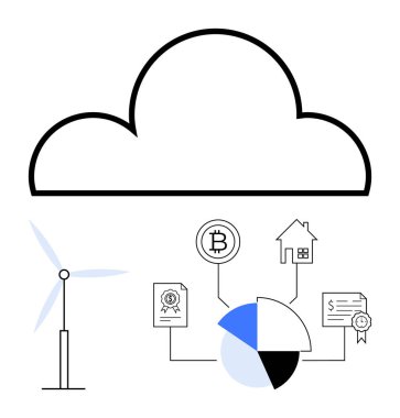 Rüzgar türbinine, kripto para birimine, eve, bar şemasına, sertifikalara, sürdürülebilir teknolojiye, modern finansmana bağlı bir bulut. Teknoloji için ideal, enerji finansmanı yenilik ortamı