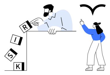 İş adamı engeller koyuyor, kadın çözüme işaret ediyor, riskleri ve takım çalışmasını temsil ediyor. Liderlik, işbirliği, problem çözme, sorumluluk, rehberlik, karar verme dairesi için ideal