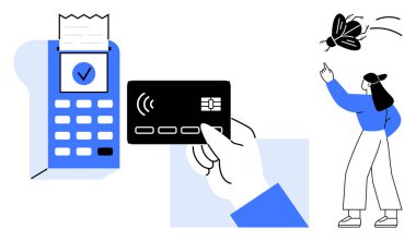 Temassız ödeme için POS makinesine yaklaşan kart makbuzla tamamlanmış. Dinamik hareketlerdeki böceğe bireysel vuruşlar günlük yaşamı yansıtıyor. Finans, modern alışveriş ve ödeme için ideal