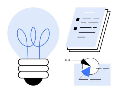 Kağıt yaprakları ve pasta grafiği diyagramının yanında ana hatları olan büyük bir ampul. Basit bir dairede yenilik, fikir, araştırma, strateji, analiz, problem çözme ve yaratıcılık için ideal