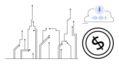 Devre desenli modern şehir manzarası, bulut sesi görselleştirmesi, ve dolar parası teknolojiyle etkin kentsel yeniliği simgeliyor. Akıllı şehir tasarımı, yapay zeka, otomasyon, teknoloji ve internet için ideal