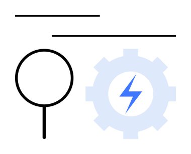 Merkezinde yıldırım olan büyüteç ve teçhizat keşif, verimlilik ve yeniliği sembolize eder. Teknoloji, analiz, otomasyon, enerji, üretkenlik, araştırma için ideal