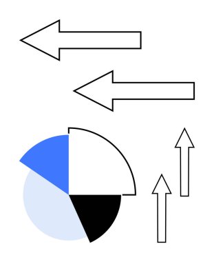Turta grafiğinin üzerinde zıt yönlere bakan iki büyük ok kısmen mavi, beyaz ve siyah segmentlerle dolu. Yükselen üç ok eğilimleri gösteriyor. Veri karşılaştırması ve ilerleme için ideal