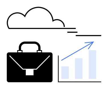 İş çantasının üstünde bulut ve büyüme çubuğu çizelgesi. Teknoloji, kariyer, başarı, girişimcilik, yenilik, analitik, finans konuları için idealdir. Temiz düz basit metafor