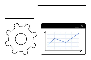 Yükselen çizgi grafiği olan bir pencereye bitişik olan vites simgesi, veri güdümlü süreç iyileştirmesi iletiyor. İş stratejisi, teknoloji, analitik, yenilik, üretkenlik, planlama ve büyüme için ideal