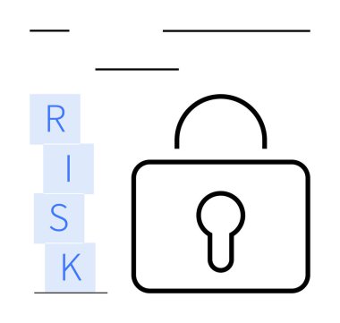 Asma kilit ve istiflenmiş RISK blokları güvenlik, belirsizlik ve potansiyel tehditleri simgeliyor. Siber güvenlik, risk yönetimi, veri koruması, iş stratejisi, mali planlama ve ikaz için ideal