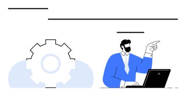 Takım elbiseli bir adam dizüstü bilgisayarda çalışırken büyük bir vites simgesinin yanı sıra süreci, verimliliği ve bulut entegrasyonunu sembolize ediyor. Takım çalışması, planlama, yönetim, teknoloji ve çözümler için ideal