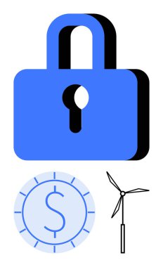 Mavi asma kilit, para birimi ve rüzgar türbini koruma, finans ve yeşil enerjiyi sembolize eder. Siber güvenlik, yenilenebilir enerji, eko-finans, sürdürülebilirlik çevre sorumluluğu için ideal