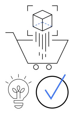 İndirme küplü alışveriş arabası, fikirleri sembolize eden ampul ve onay için kontrol işareti. E-ticaret, yenilik, ürün tasarımı, çevrimiçi perakende, yaratıcılık, kalite kontrolü stratejik