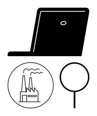 Dizüstü bilgisayar, daire şeklinde fabrika illüstrasyonu ve büyüteç araştırma, endüstriyel analiz ve dijital gözlemi temsil ediyor. Yenilik, iş, endüstri, eko-yönetim üretimi için ideal