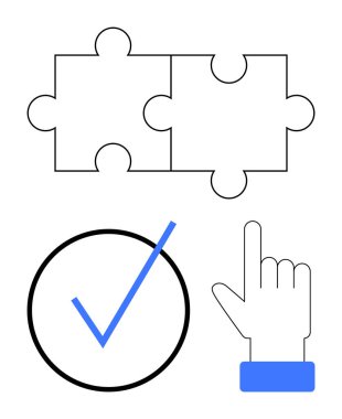 Birbirine kenetlenmiş yapboz parçaları, çemberin içinde işaretler ve işaret eden bir el hareketi. Takım çalışması, karar verme, tamamlama, onaylama, sorun çözme, hedef başarı işbirliği için ideal