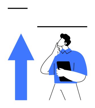 Cesur okun yanında duran düşünceli adam ilerlemeyi, fırsatları ve stratejileri sembolize ediyor. İş için ideal, büyüme, kariyer, strateji, yenilik fikirleri planlama