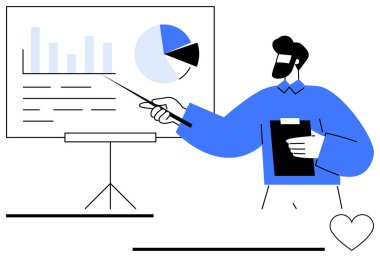 İş adamı ekrandaki veri tablolarına bakıyor, elinde bir pano var. Eğitim, eğitim, işyeri iletişimi, analitik, takım çalışması, planlama için ideal, düz basit metafor