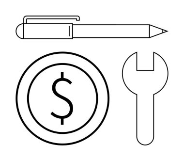 Kalem, dolar işareti olan para ve anahtar yazı, finans ve aletleri temsil ediyor. İş, bütçe, ekonomi onarım, girişimcilik takım çalışması için idealdir. Düz basit metafor