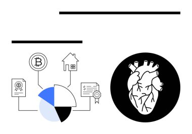 Finansal tablolar, Bitcoin, gayrimenkul, kalp sembolüyle çevrili sertifikalar. Sağlık ekonomisi, finans, yatırım, kripto döviz yenilik eğitim biyolojisi için idealdir. Düz basit