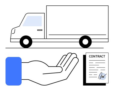 Kargo taşımacılığını temsil eden kamyon, müşteri yardımını sembolize eden açık el, yasal anlaşma için imzalanmış sözleşme. Lojistik, ulaşım, ortaklık, güven, dış kaynak kullanımı için ideal