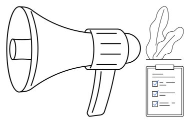 Pano kontrol listesinin yanında megafon, kontrol işaretleri ve bitki vurgulama görevleri, organizasyon ve iletişim. Yönetim, üretkenlik, pazarlama, liderlik, promosyon ve hatırlatmalar için ideal